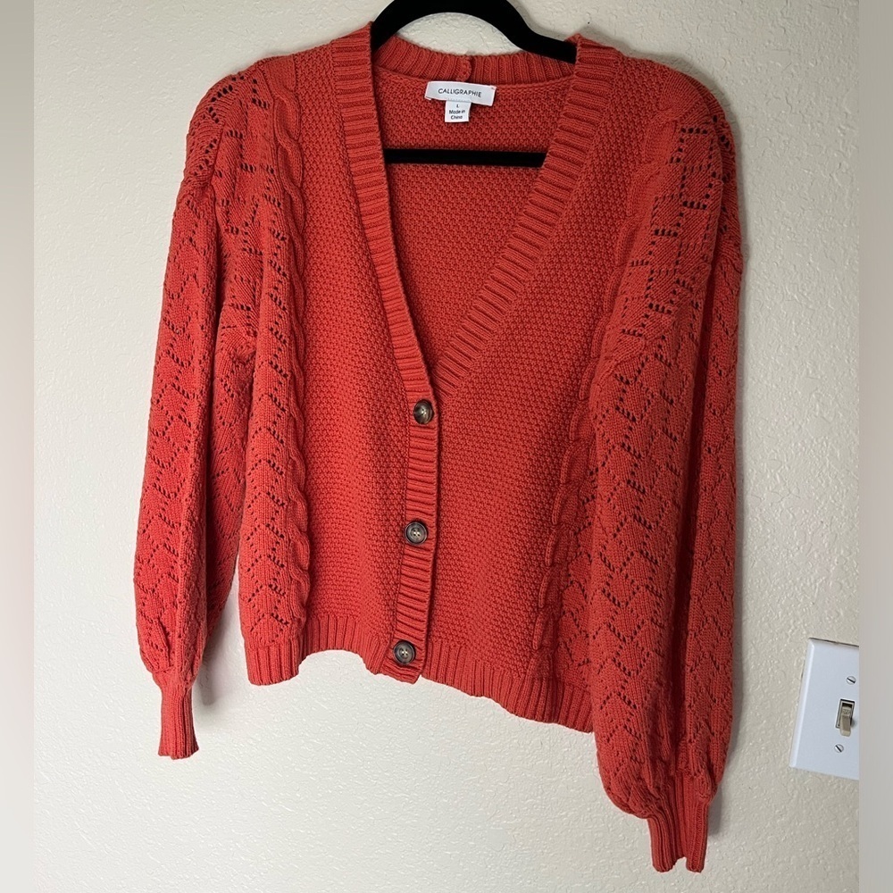 Calligraphie orange colored cardigan sweater  SIZE LARGE